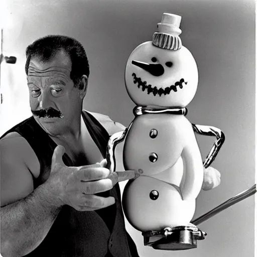 Image similar to “ burl ives snowman m, lifting weights with magnum pi in an insane asylum, designed by vernor panton ”