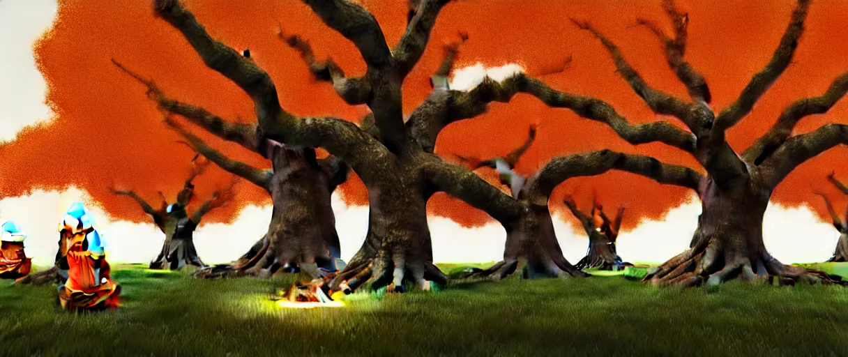 Prompt: hyperrealistic hyper detailed 35mm portrait of handsome cyborg monks praying to a giant oak tree matte painting concept art key sage jeff koons very dramatic orange lighting low angle hd 8k sharp shallow depth of field