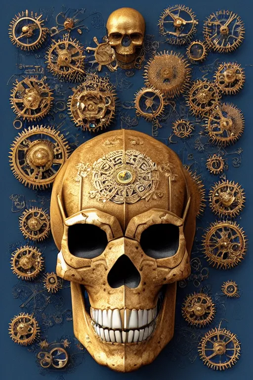 Prompt: hyperrealistic 3d render ultra detailed of a skull, art deco, steam punk, intricate gears details, hyperrealistic, Volumetric lighting, ultra detailed, elegant, octane render, blue and gold, 8k, trending on Artstation, unreal engine