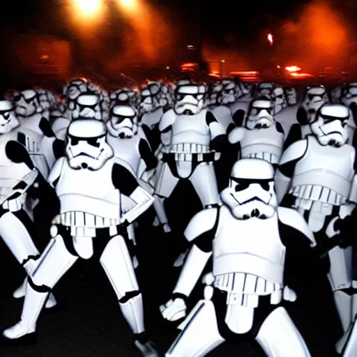 Prompt: a stormtrooper mosh pit at a death metal concert at night