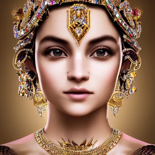 Image similar to portrait of pretty princess with perfect skin, glowing, ornate and intricate diamond jewelry, jaw dropping beauty, ornate and intricate backdrop, white accent lighting, hyper detailed, 4 k octane render