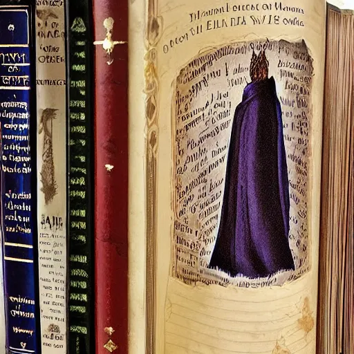 Image similar to 16 books on magic spells stacked below a cloaking robe of elvenkind in a wardrobe, award winning photograph