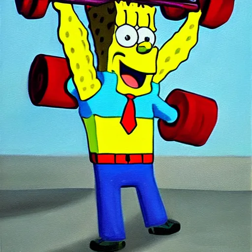 Prompt: oil painting of spongebob squarepants lifting weights