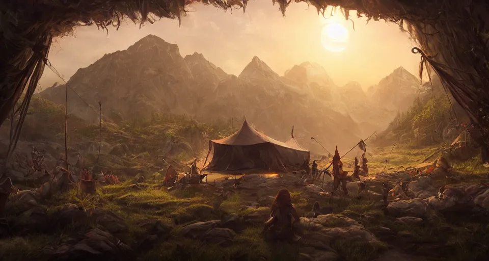 Image similar to an epic fantasy adventurer's camp with a hide tent 4 k, extremely detailed. award winning, trending on artstation, 8 k, ultra wide angle