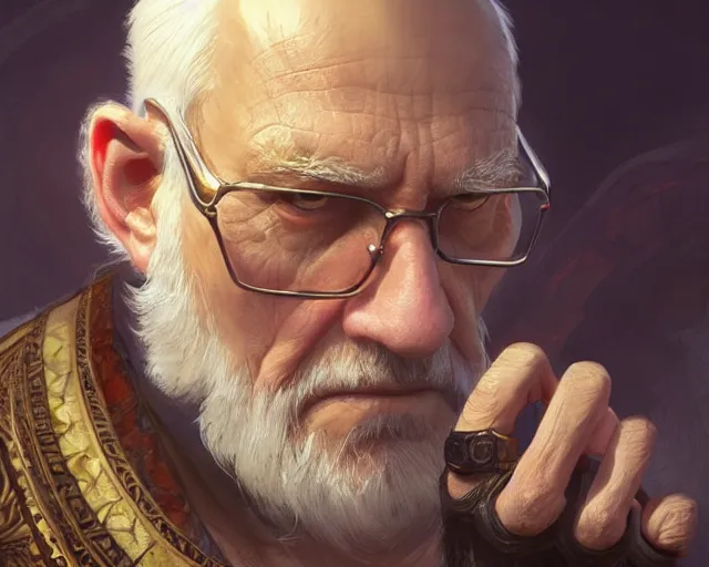 Prompt: old man with a ring on each finger, deep focus, d & d, fantasy, intricate, elegant, highly detailed, digital painting, artstation, concept art, matte, sharp focus, illustration, hearthstone, art by artgerm and greg rutkowski and alphonse mucha