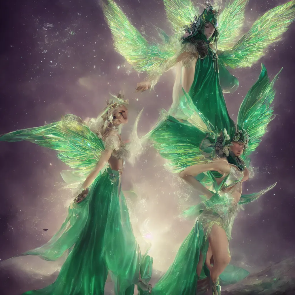 Prompt: a fairy queen with wings wearing a magic silk robe with a hood, realism, emerald, galaxy, sapphire, moonlit, dark fantasy, dramatic lighting, cgsociety, artstation