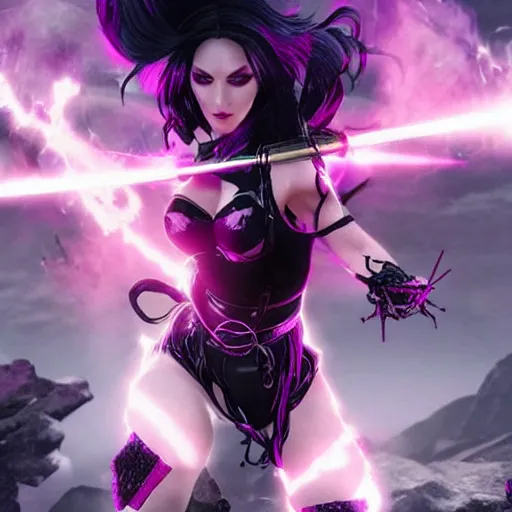 Prompt: gorgeous goth psylocke fighting army of demons with a samurai sword, physical based render, cinematography, octane, photorealistic, gorgeous, symmetrical, unreal engine