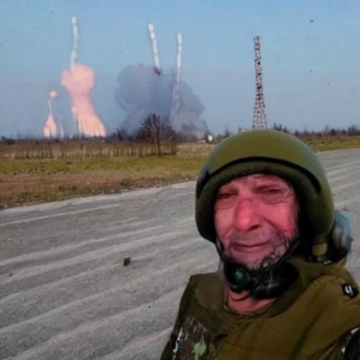 Prompt: last selfie of last alive funny scared ukrainian very damaged body to bones, bleeding crawling from nuclear rockets and nuke explossions, big nuclear explosion and nuke missles at background getting close,