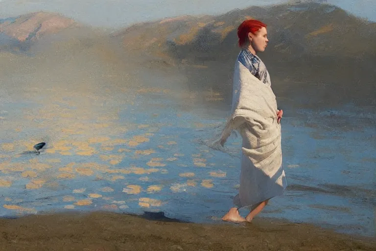 Image similar to wind, fabric with koi - pattern blowing in the wind, sunlight, no person, jeremy lipking, joseph todorovitch