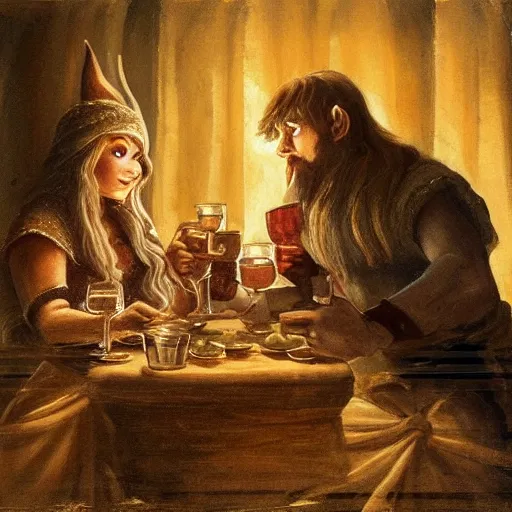 Prompt: An Elven woman and a Dwarf male drinking together in a tavern, warm lighting