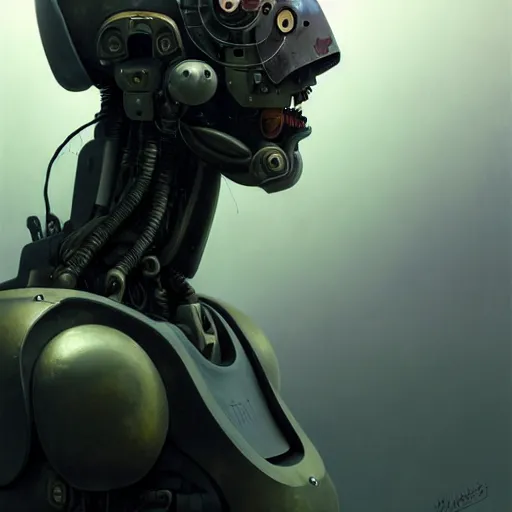 Image similar to a expressive portrait of masked diesel punk robot in dramatic lighting, depth of field background, artstation, award - winning realistic sci - fi concept art by jim burns and greg rutkowski, beksinski, a realism masterpiece, expressive color palette, james gilleard, bruegel, alphonse mucha, and yoshitaka amano