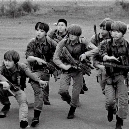 Prompt: BTS boyband fighting in the Vietnam war, historical photo, vintage photo, 1965