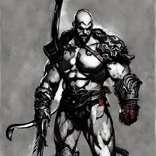 Prompt: “ kratos with leviathan axe, by yoji shinkawa. metal gear solid official concept art. yoji shinkawa. ”