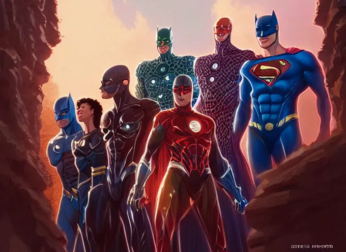 Image similar to highly detailed portrait of justice league, stephen bliss, unreal engine, art by greg rutkowski, loish, rhads, ferdinand knab, makoto shinkai and lois van baarle, ilya kuvshinov, rossdraws, tom bagshaw, global illumination, radiant light, detailed and intricate environment