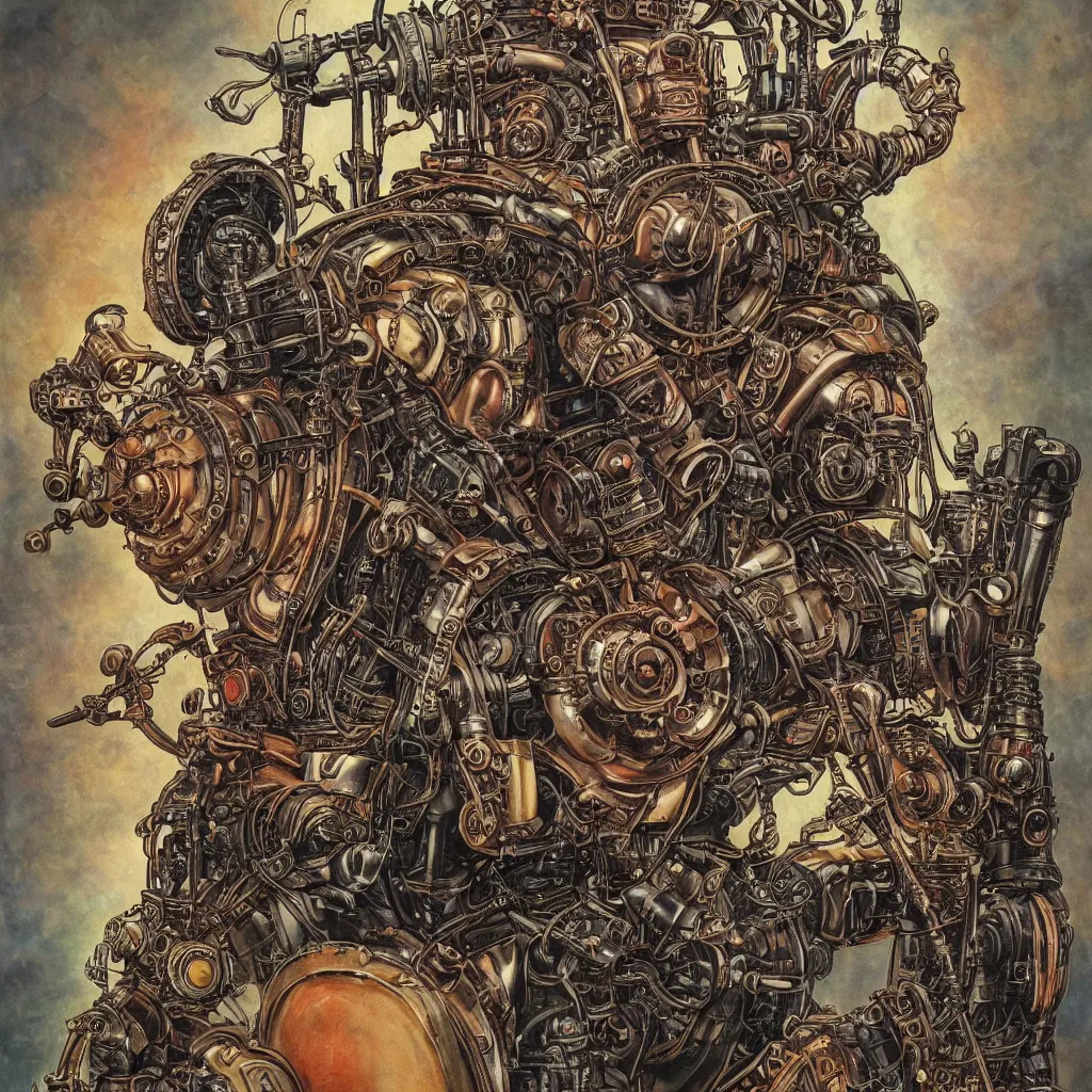Prompt: A dramatic full-color art nouveau and ironpunk styled bust panorama portrait of lemmy kilmister as an dieselpunk engine tank king of the universe, hyperdetailed mixed media artwork combining the styles of Travis Charest, Michael Kaluta and Bill Sienkiewicz, vast power, perfectly symmetrical facial features, 8k, deeply hyperdetailed, cinematic lighting, realistic mechanical details, 8k, UHD, HDR