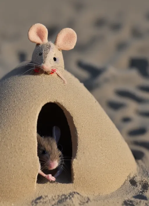 Image similar to wide dslr photo still of a mouse inside a perfect sandcastle, 8 k, 8 5 mm f 1. 4