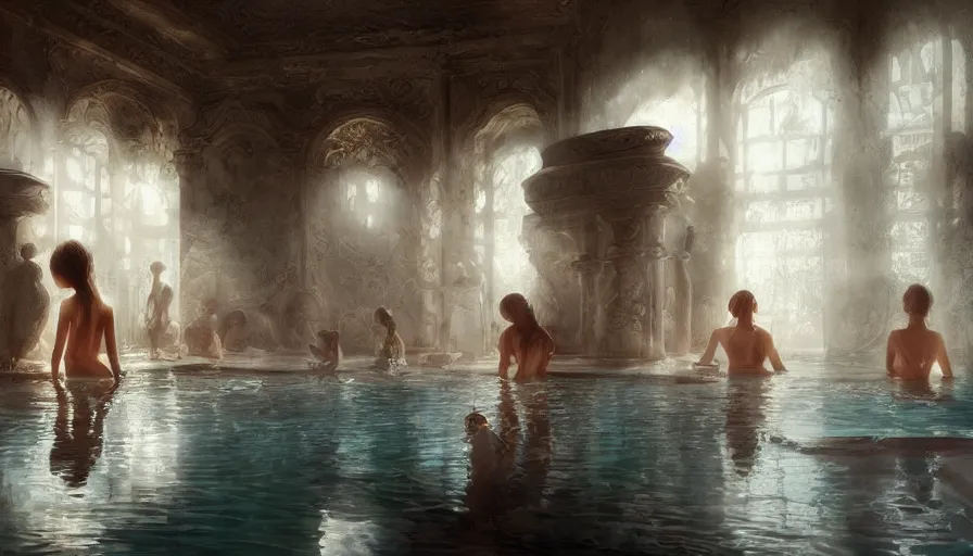 Prompt: bathhouse, women in towels, spa, light, shadows, reflections, epic composition, intricate, elegant, volumetric lighting, digital painting, highly detailed, artstation, sharp focus, illustration, concept art, wlop, artgerm, ruan jia, steve mccurry