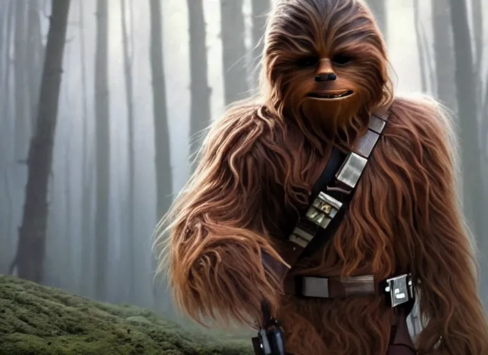 Prompt: screenshot of portrait Han Solo surrounded by wookies on forest planet, iconic scene from 1970s film by Stanley Kubrick, the lost Star Wars Film, moody hazy lighting, stunning cinematography, hyper-detailed, crisp, anamorphic lenses, kodak color film stock, 4k, very detailed, hyper real render