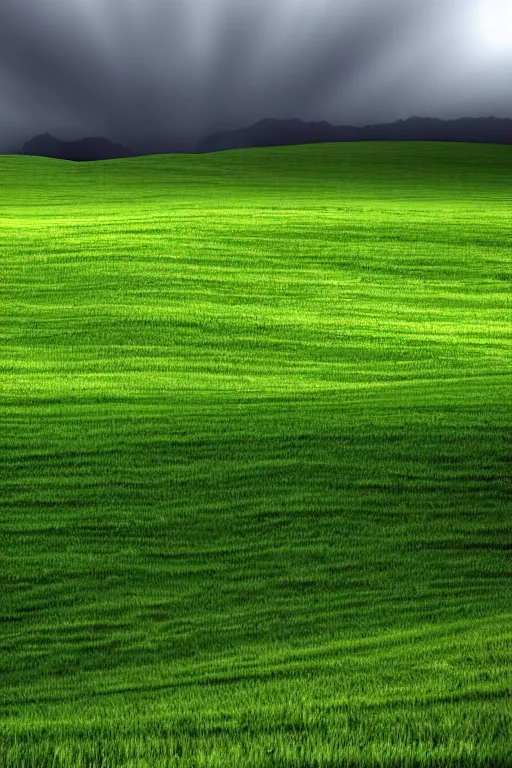 Image similar to windows xp hills screensaver with a graveyard in front, gloomy