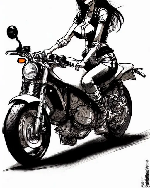 Image similar to an attractive woman on a motorcycle in the style of kim jung gi, sketch, drawing, detailed, art, high definition, high quality