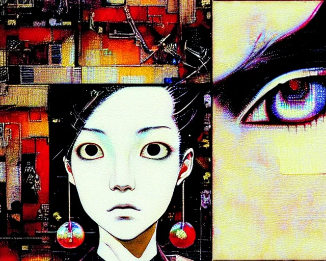 Prompt: yoshitaka amano blurred and dreamy realistic three quarter angle horror portrait of a sinister young woman with short hair, big earrings and white eyes wearing office suit with tie, glitchy vhs tape recording, glitchy junji ito abstract patterns in the background, satoshi kon anime, noisy film grain effect, highly detailed, renaissance oil painting, weird portrait angle