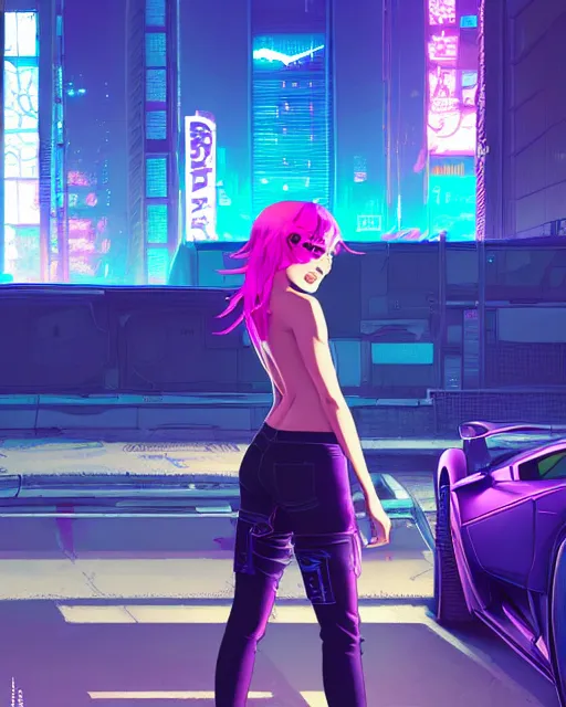 Image similar to digital illustration of cyberpunk pretty girl with blue hair, looking at a purple lamborghini, back view, in junkyard at night, by makoto shinkai, ilya kuvshinov, lois van baarle, rossdraws, basquiat