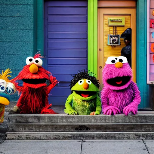 Prompt: wide-angle photo of homeless Sesame Street characters by David LaChapelle, 8k, sharp focus, dramatic lighting