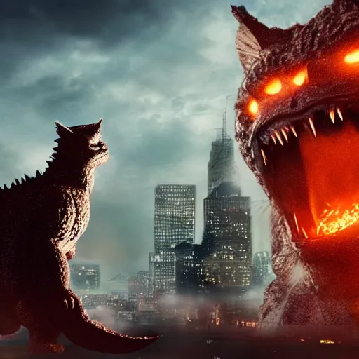 Image similar to A giant kitten fights Godzilla in Manhattan, detailed, 4k