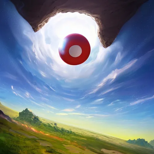 Image similar to a stunning wide angle view of a pokeball falling from a cliff into space, highly detailed clouds, artistic composition, sharp focus, intricate concept art, digital painting, colorful flat surreal design, hd, 8 k, artstation, ambient lighting