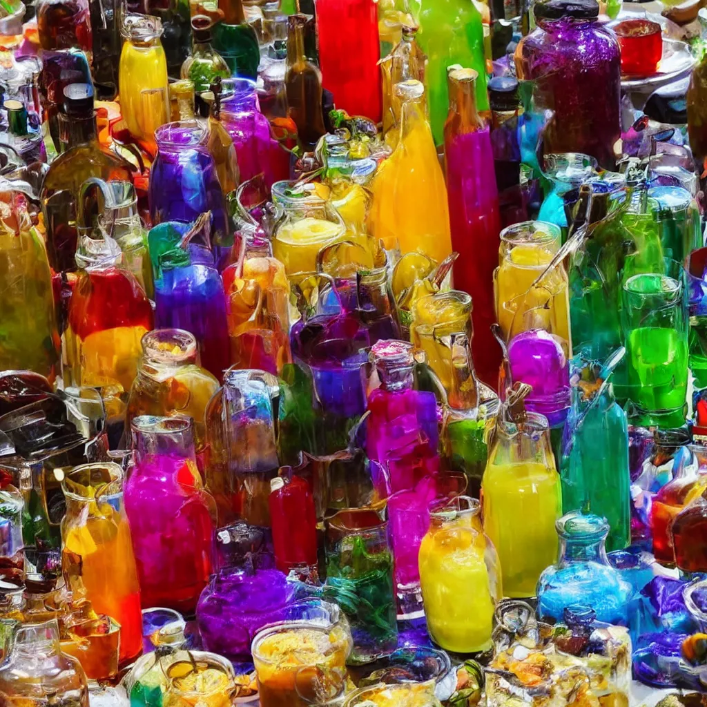 Prompt: colorful potions at the harvest festival, hyper realistic, 8 k