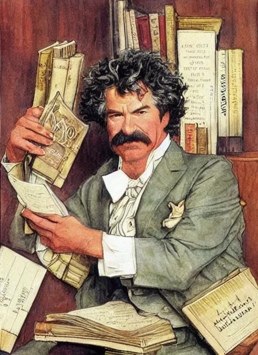 Image similar to realistic portrait of mark twain surrounded by a frame of books, art by harvey dunn and howard pyle and walter crane, illustration, watercolor art,