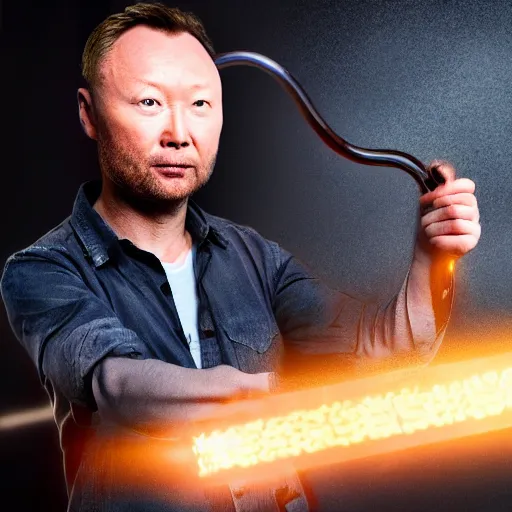 Image similar to limmy holding element 1 1 5, realistic, wide shot, dramatic lighting, hyper realistic, high quality, highly detailed, hd, beautiful, cinematic, 8 k, unreal engine, facial accuracy, symmetrical,