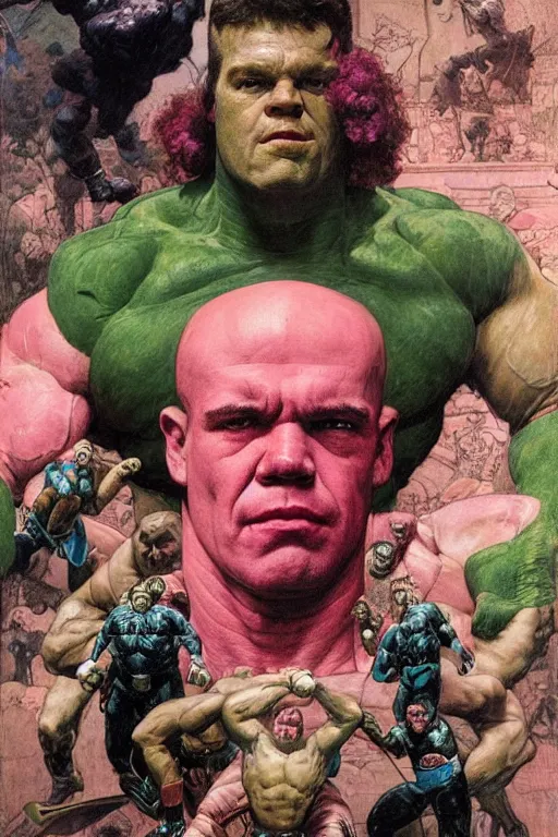 Prompt: head and torso portrait of jocko willink as huge superhero mutant warrior, dynamic action, pink and green, by lawrence alma tadema and zdzislaw beksinski and norman rockwell and tom lovell and greg staples and john william waterhouse