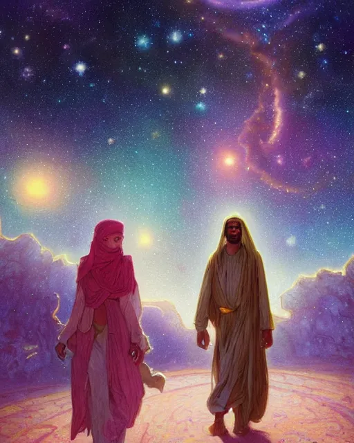 Image similar to bedouin man and woman and child in galaxy walking towards mosque surrounded by nebula, highly detailed, gold filigree, romantic storybook fantasy, soft cinematic lighting, award, disney concept art watercolor illustration by mandy jurgens and alphonse mucha and alena aenami, pastel color palette, featured on artstation