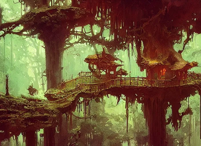 Image similar to treehouse interior, intricate, elegant, highly detailed, vivid colors, john harris, frazetta, tyrus wong, ruan jia, jeffrey catherine jones