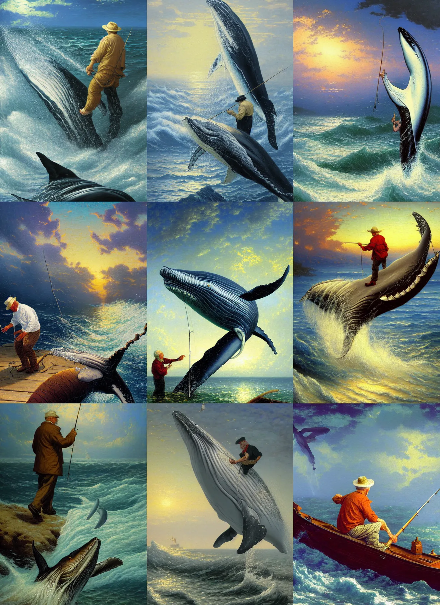 Prompt: surreal oil painting a an old man fishing off a whale in the art style of Eric Fortune and Rebecca Guay, Thomas Kinkade sharp focus, 8k high definition, insanely detailed, intricate, elegant