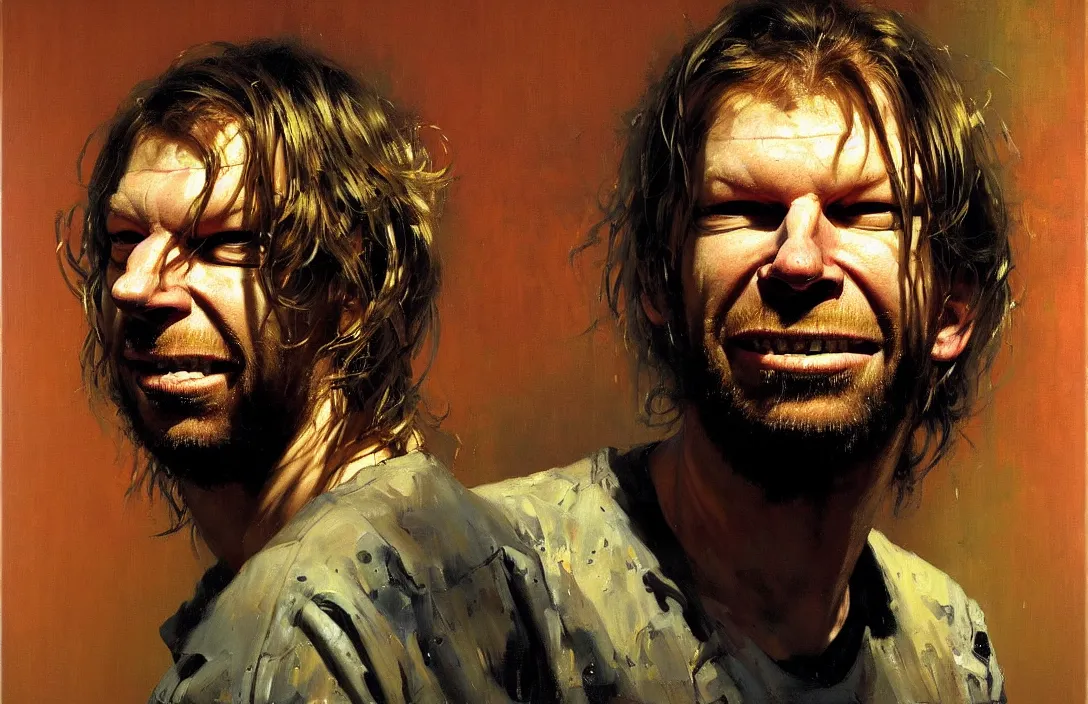 Image similar to portrait of aphex twin!!!!!!!!!!!!!!!!!!!!!!!!!!!, detailed face, detailed painting,, epic lighting, by ilya repin, phil hale and kent williams