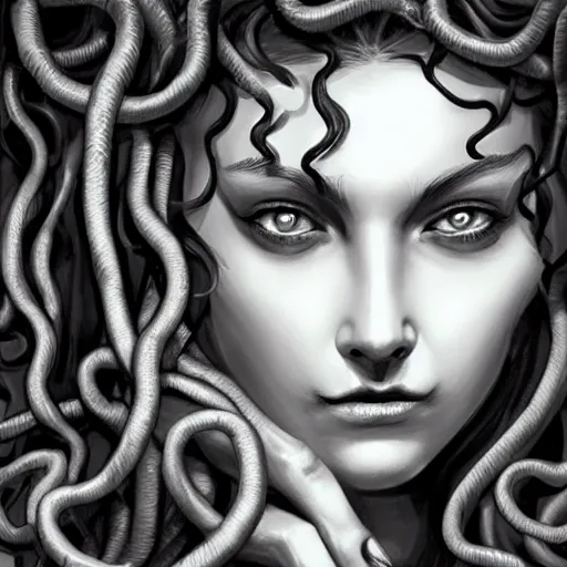 Image similar to medusa portrait painting, black and white, wicked grin, artstation, detailed, blurred background