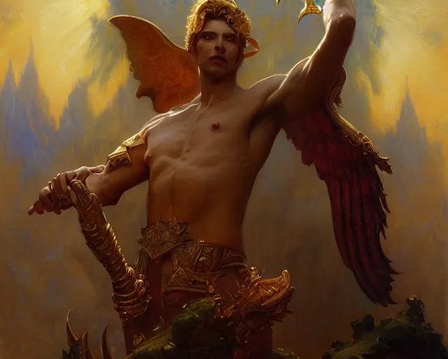 Image similar to attractive male deity, casting demonic magic, summoning handsome lucifer morning star. highly detailed painting by gaston bussiere, craig mullins, j. c. leyendecker 8 k