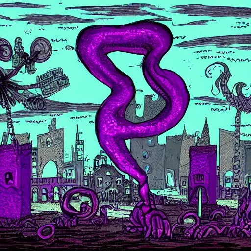 Image similar to purple magic, diseased sickness, taint infection, corruption spread, eldritch flux, wild plants, mutation, haunting, post apocalyptic, abandoned city