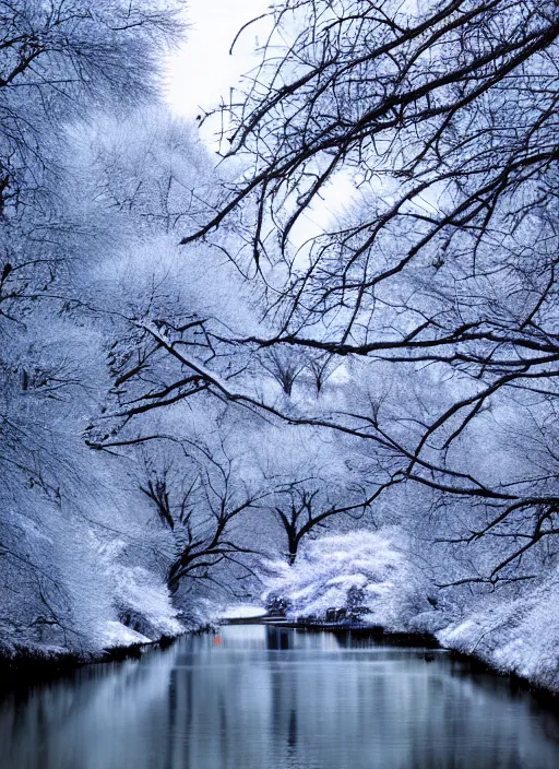 Prompt: beautiful winter season photography trees and river award winning cinematography