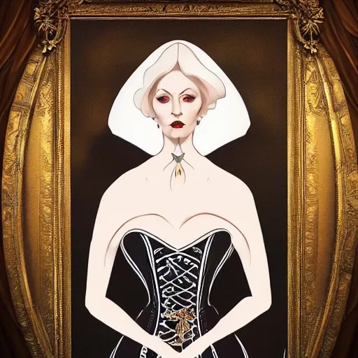 Prompt: beautiful and haunting portrait of a death countess, in the style of Midjourney, elegant and intricate stylized design of royal dress with corset, ethereal, sinister, cinematic, art style by James Jean, Darius Zawadzki, Artstation trending, 8k