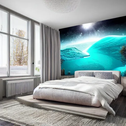 Prompt: a cozy bedroom interior with wall murals painted by a genius, detailed, high resolution, wow!, intricate, volumetric lighting, raytracing