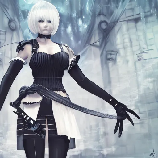 Image similar to Trump as 2B nier automata, intricate, elegant, highly detailed, digital painting, 4k, HDR, concept art, smooth, sharp focus, illustration,