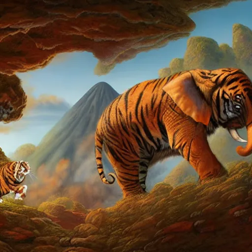 Image similar to a tiger, an elephant and a rabbit running away from a volcano by justin gerard, deviantart