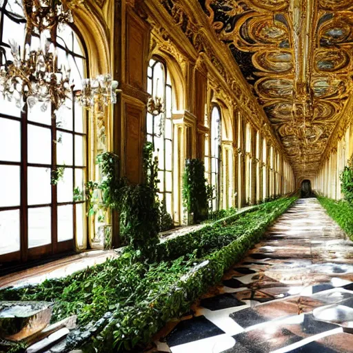 Image similar to a dream about inside opulent abandoned overgrown Palace of Versailles, lush plants growing through the floors and walls, walls are covered with vines, beautiful, dusty, golden volumetric light shines through giant broken windows, rich with epic details and dreamy atmosphere