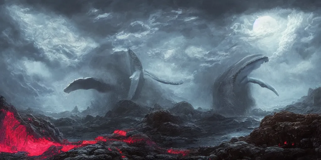 Image similar to concept art of giant whale, lava rocks, lovecraftian, renaissance, roaring, melting horror, round moon, rich clouds, fighting the horrors of the unknown, overgrown forest, very detailed, volumetric light, mist, fine art, decaying, textured oil over canvas, epic fantasy art, very colorful, ornate scales