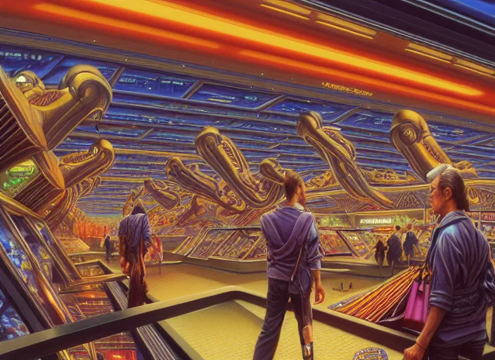 Image similar to detailed intricate portrait of futuristic shopping mall, sharp focus, art by artgerm, bob eggleton, michael whelan, stephen hickman, richard corben, wayne barlowe beautiful psychedelic dmt lighting, hyper detailed, 8 k, oil on canvas 8 k