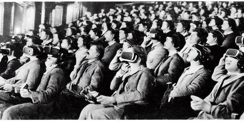 Image similar to 1 9 0 0 s photo of people using iphones ipods virtual reality headsets vr watching hd tv in a movie theater