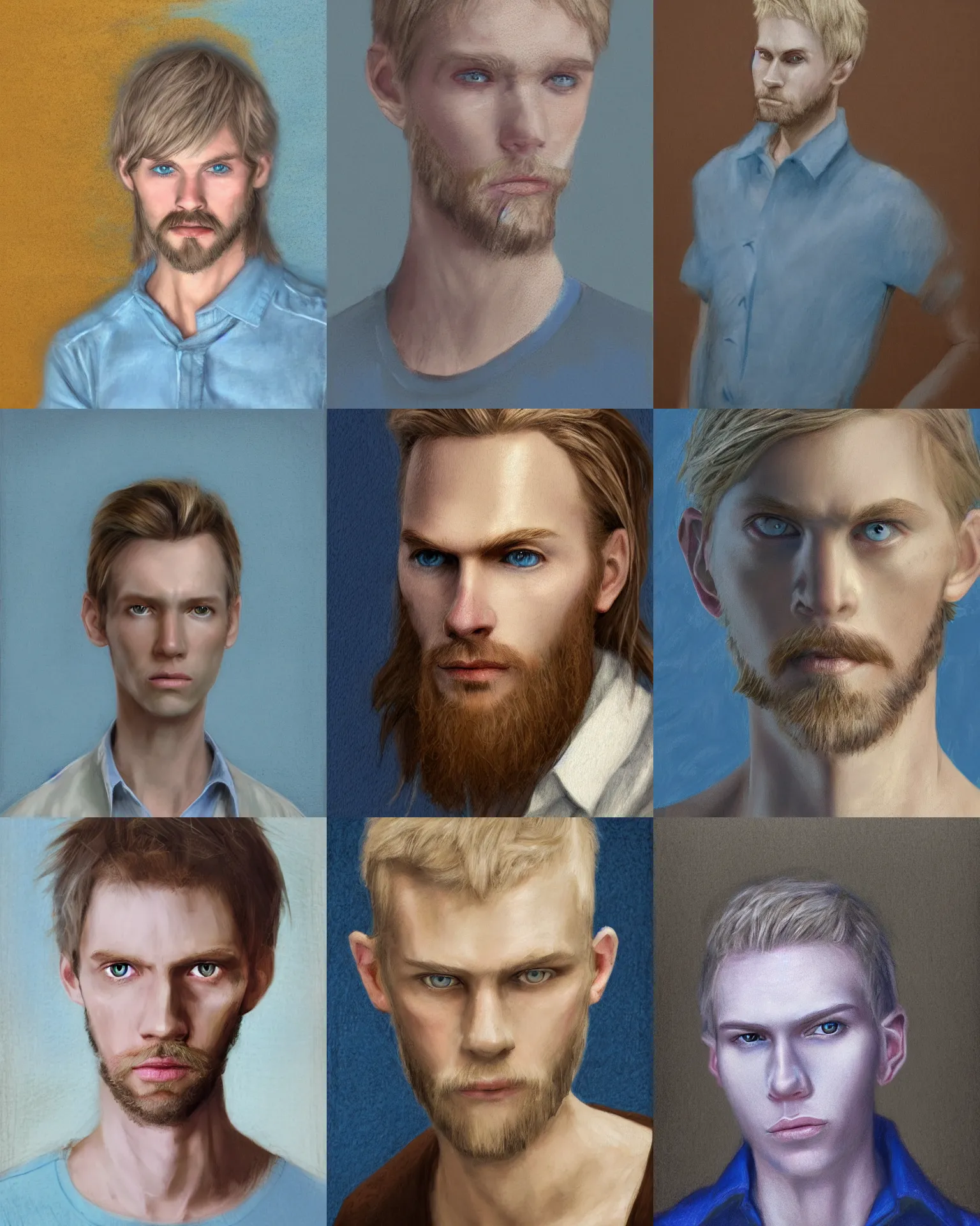 Prompt: digital pastel portrait of a skinny white male, slightly longer blond hair and a light stubble beard, wearing a light blue shirt, blue eyes, rugged, teenage, fantasy, wizard, trending artstation, dungeons & dragons, neutral expression, wooden background, award winning dark lighting, realistic, 1 8 th century oil painting